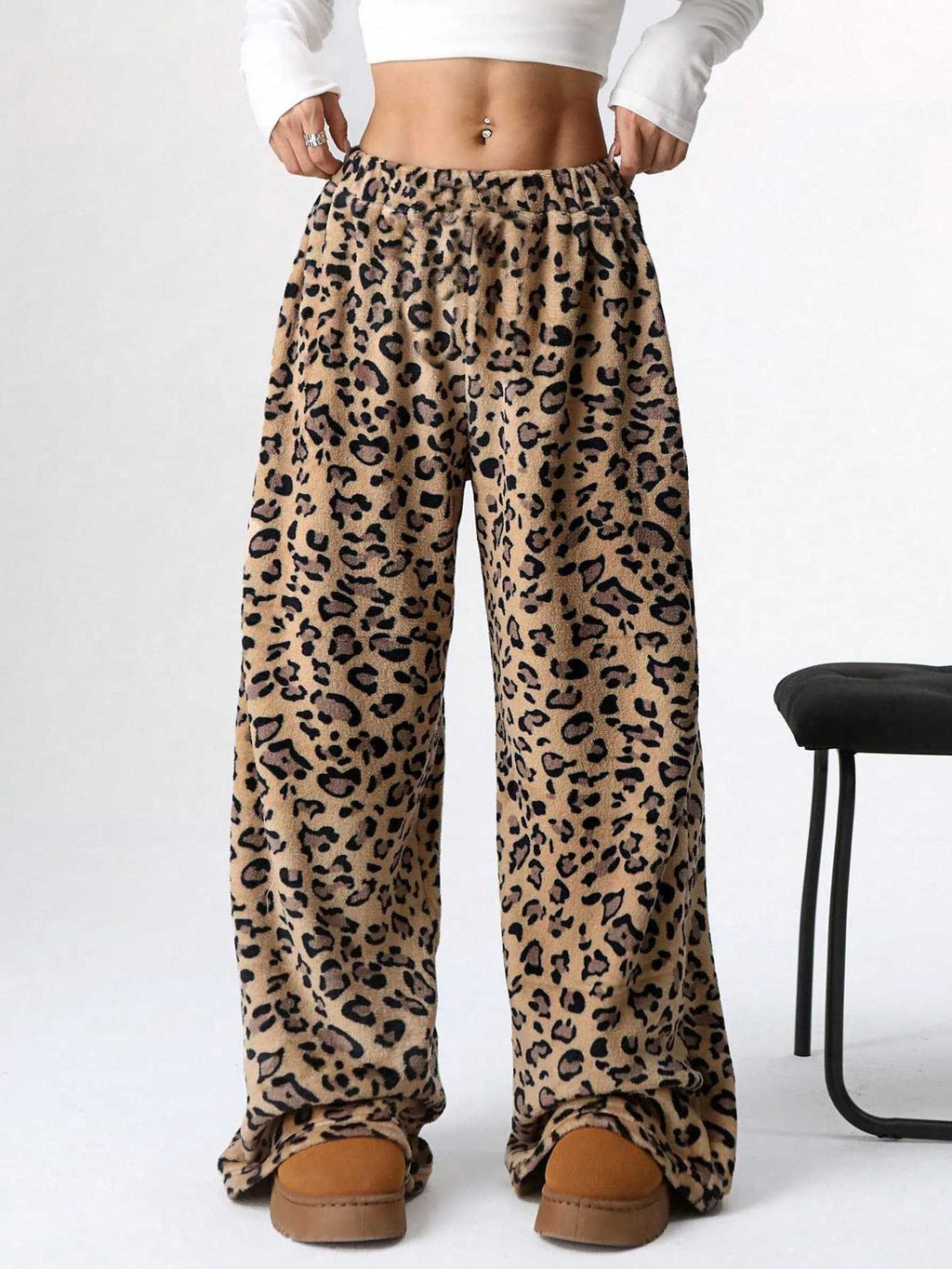 Leopard Print Plush Wide Leg Lounge Pants - Ochre02