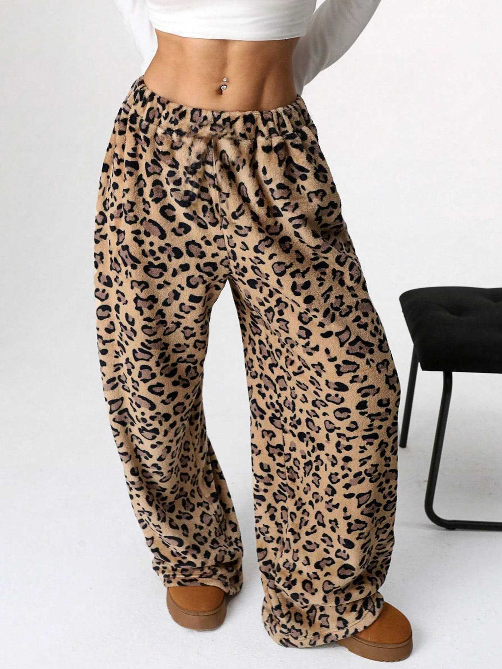 Leopard Print Plush Wide Leg Lounge Pants - Ochre02 - 2