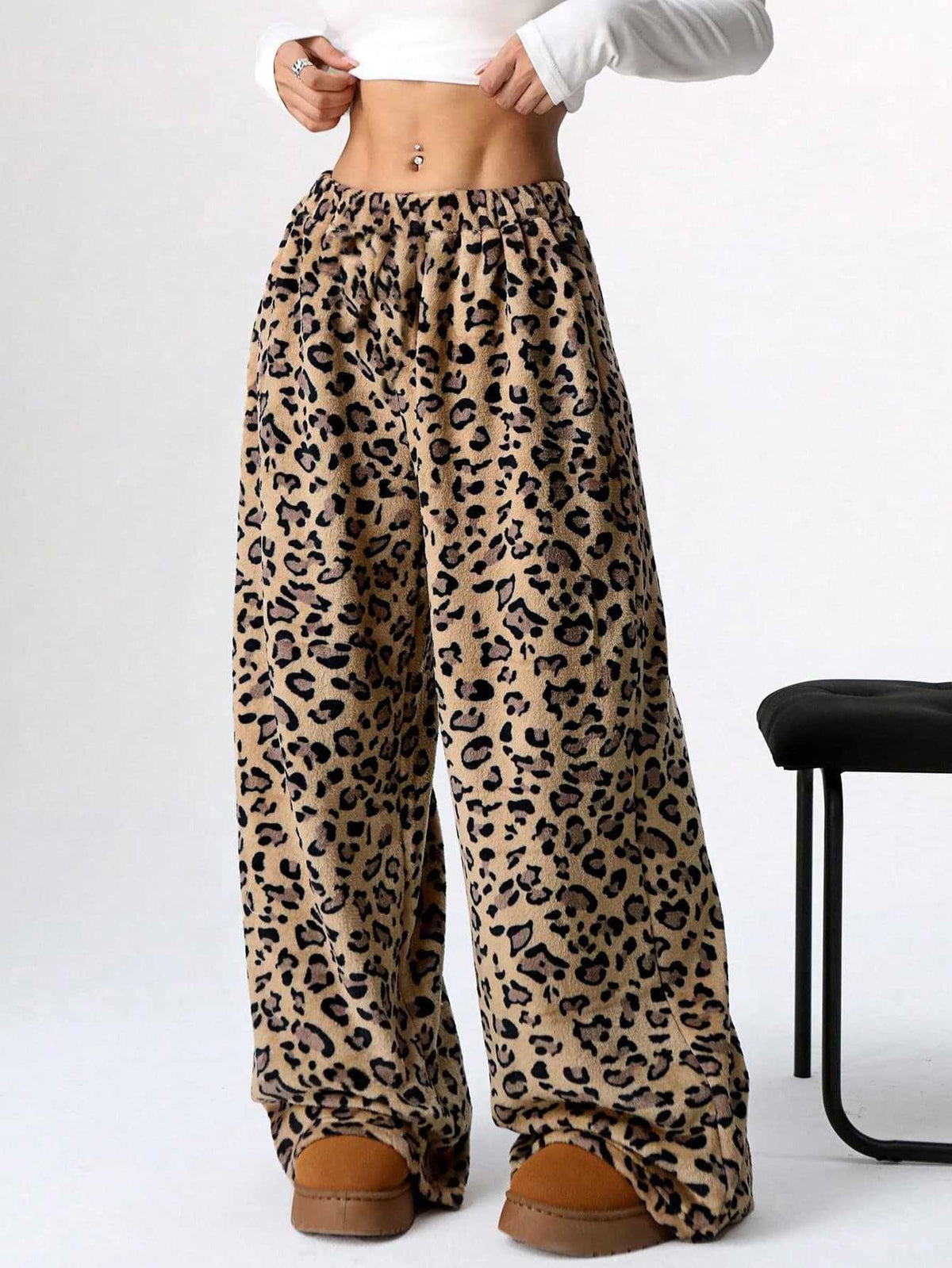 Leopard Print Plush Wide Leg Lounge Pants - Ochre02 - 3