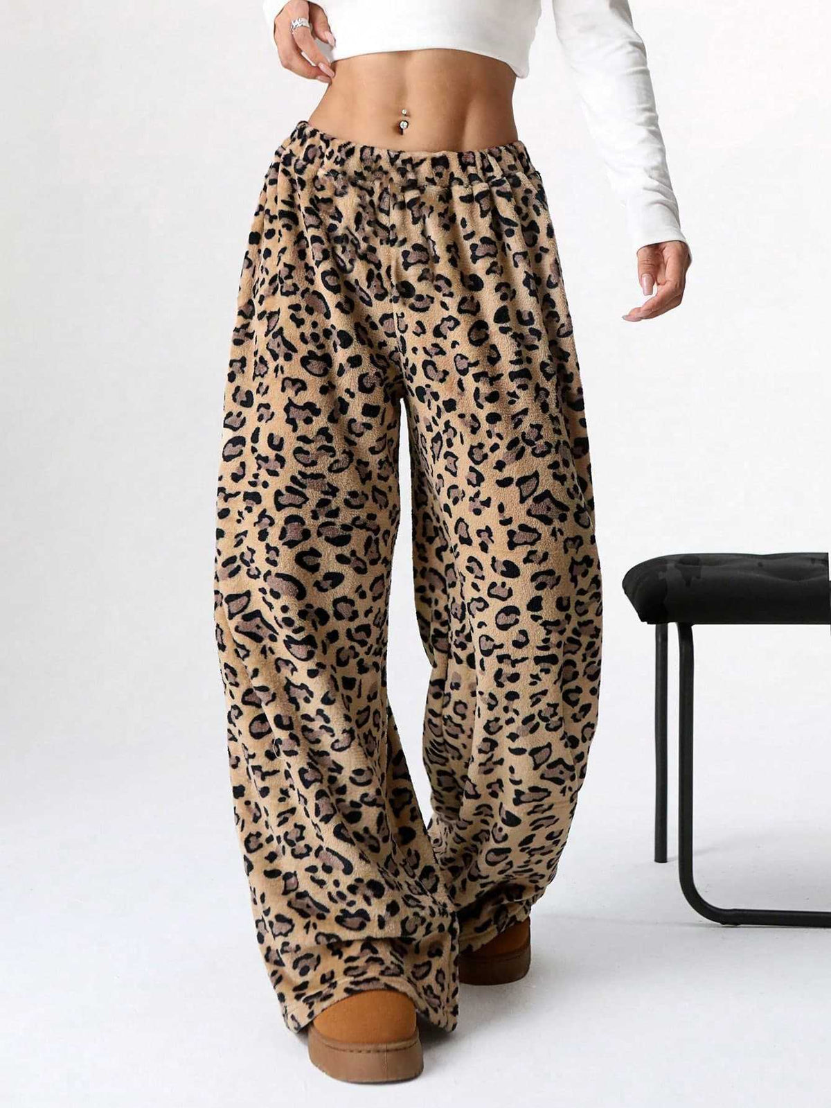 Leopard Print Plush Wide Leg Lounge Pants - Ochre02 - 4