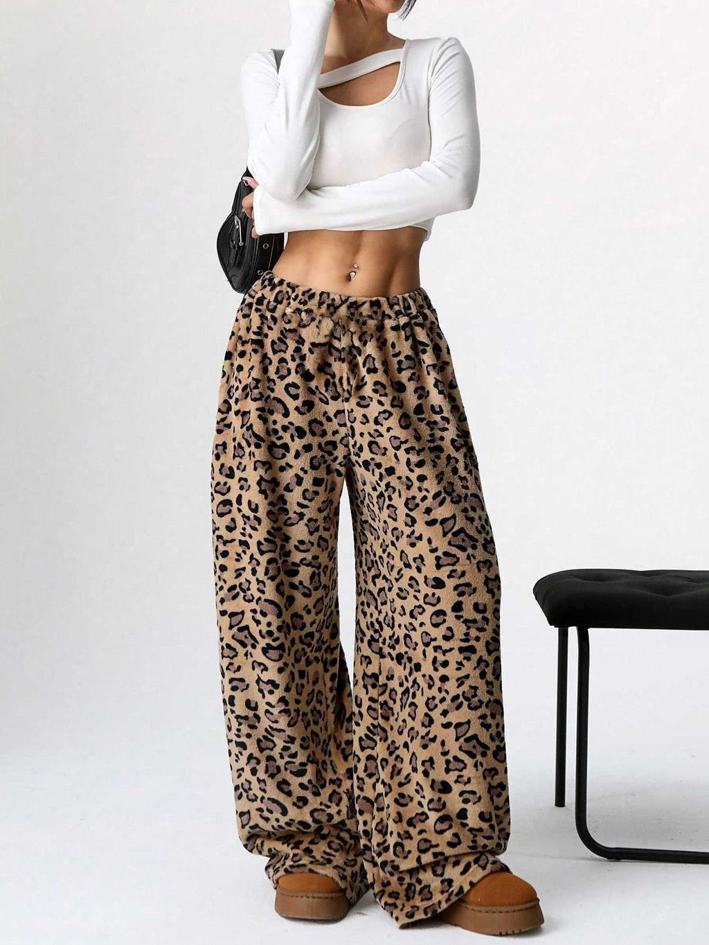 Leopard Print Plush Wide Leg Lounge Pants - Ochre02 - 5