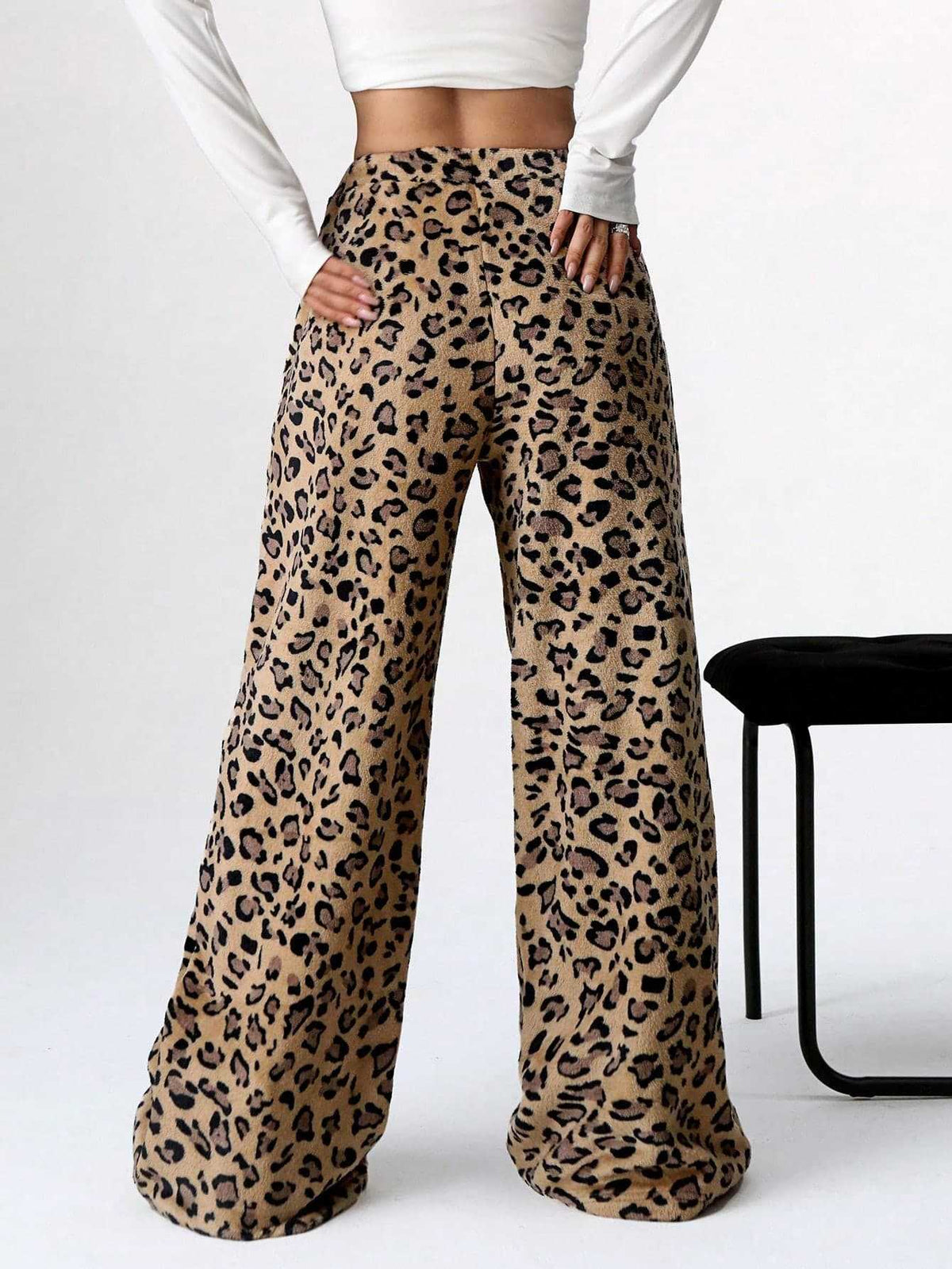 Leopard Print Plush Wide Leg Lounge Pants - Ochre02 - 6