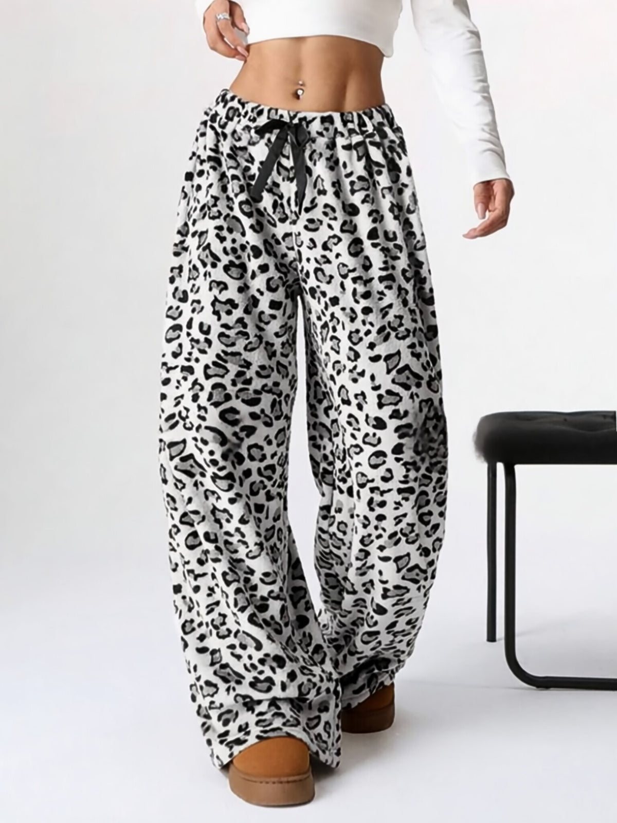 Leopard Print Plush Wide Leg Lounge Pants - White - 1