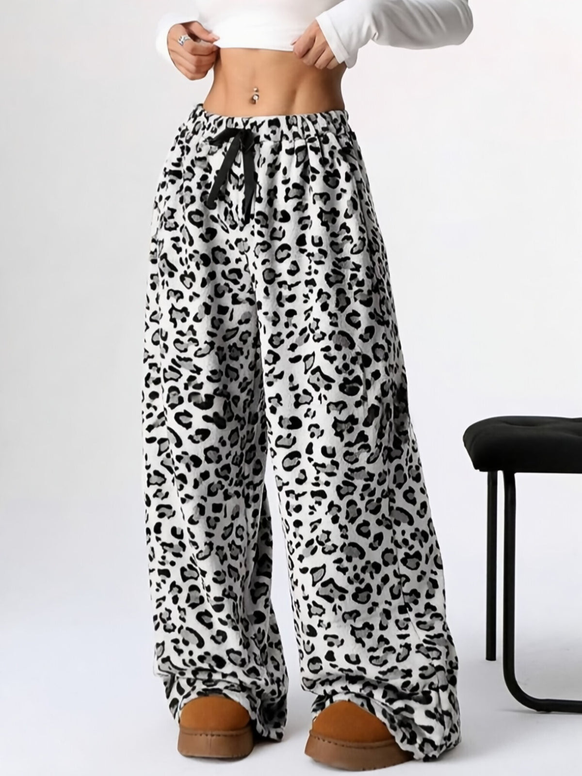 Leopard Print Plush Wide Leg Lounge Pants - White - 2