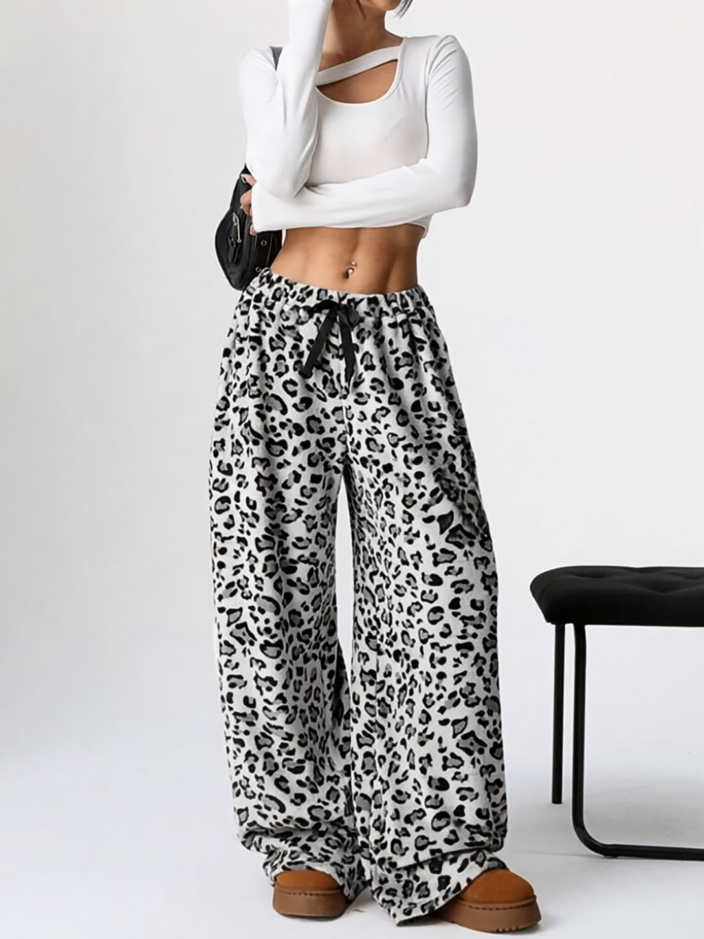 Leopard Print Plush Wide Leg Lounge Pants - White - 4