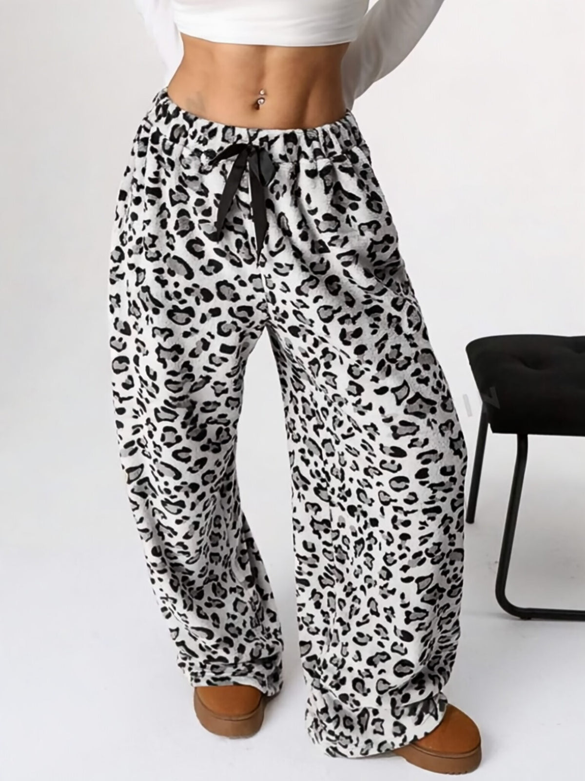 Leopard Print Plush Wide Leg Lounge Pants - White - 5