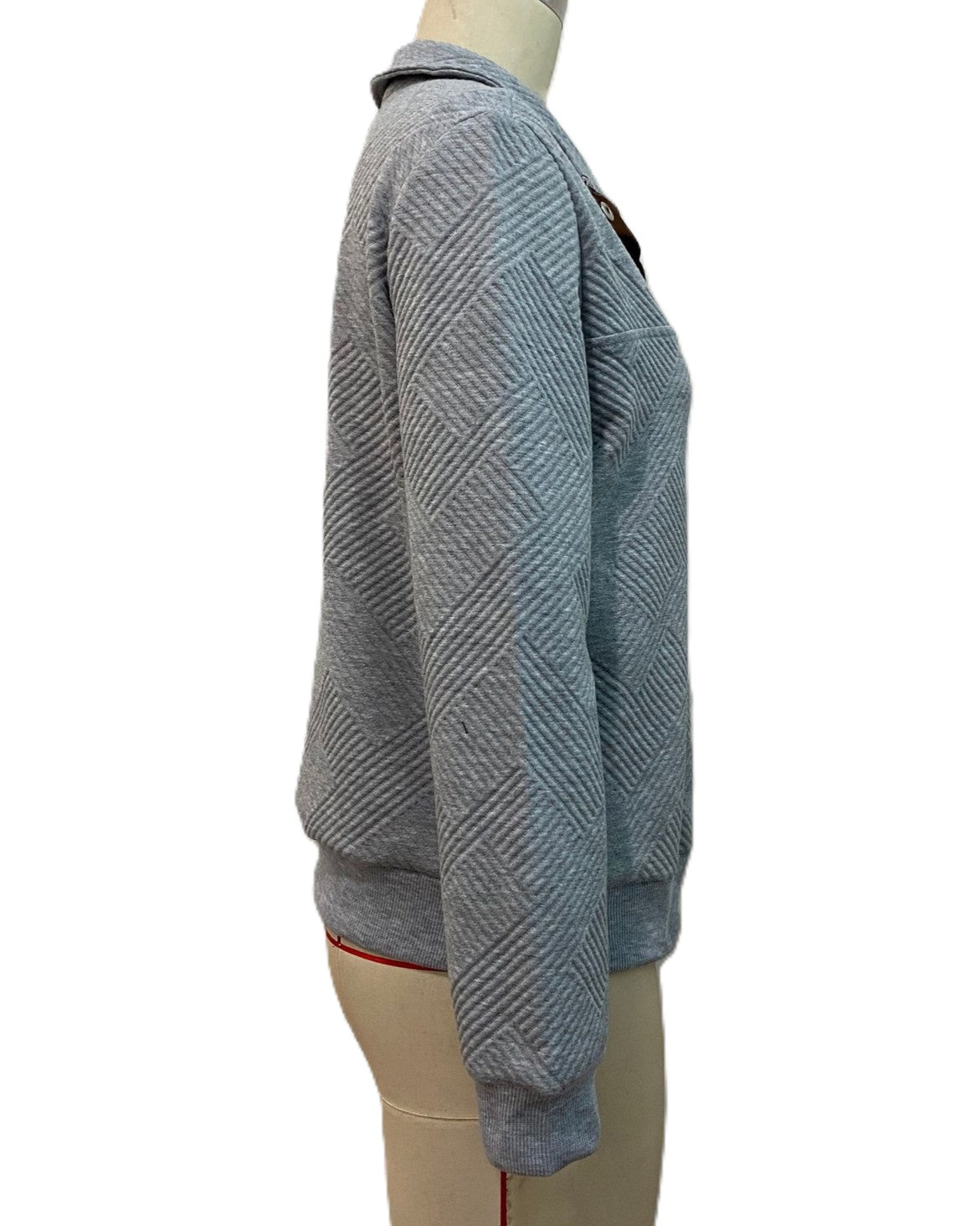 Snap Placket Textured Knit Pullover Sweatshirt - Gray - 1