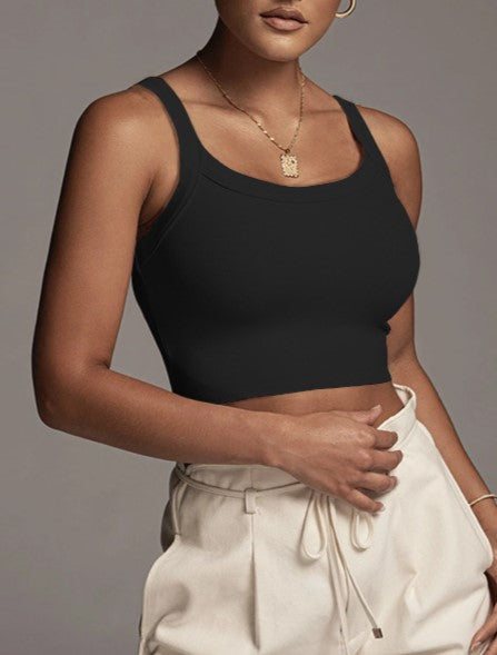 Ribbed Scoop Neck Cropped Cami Tank - Black