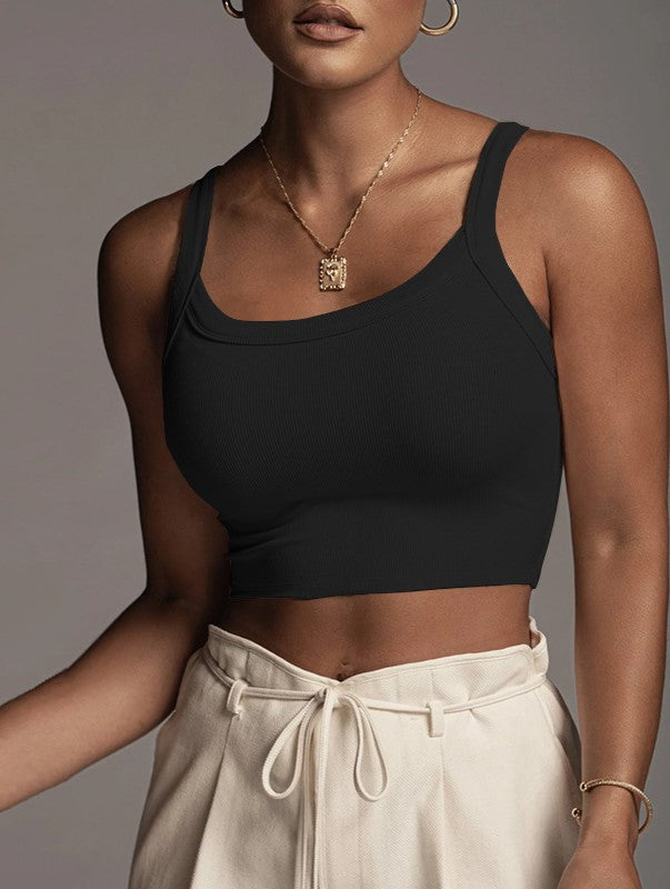 Ribbed Scoop Neck Cropped Cami Tank - Black - 1