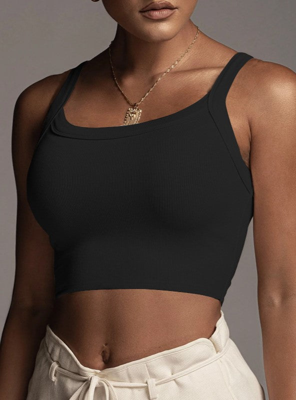 Ribbed Scoop Neck Cropped Cami Tank - Black - 2