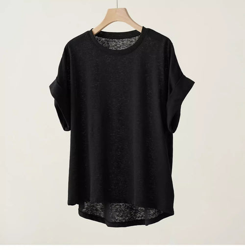 Airy Linen Blend Boxy Crew Neck Tee - black