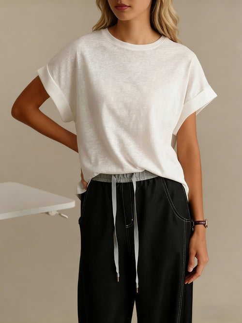 Airy Linen Blend Boxy Crew Neck Tee - white