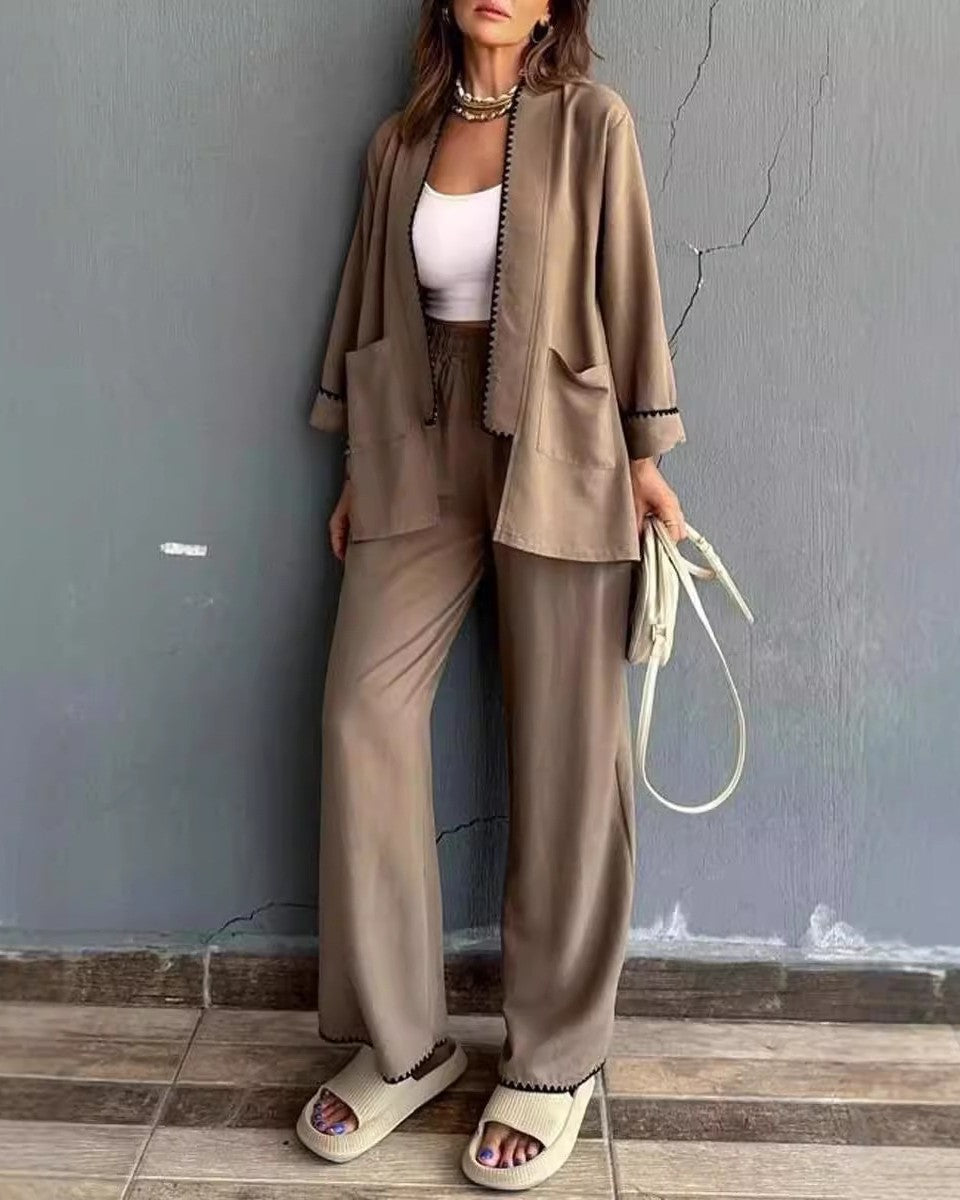 Contrast Trim Open Cardigan And Pants Set - Khaki