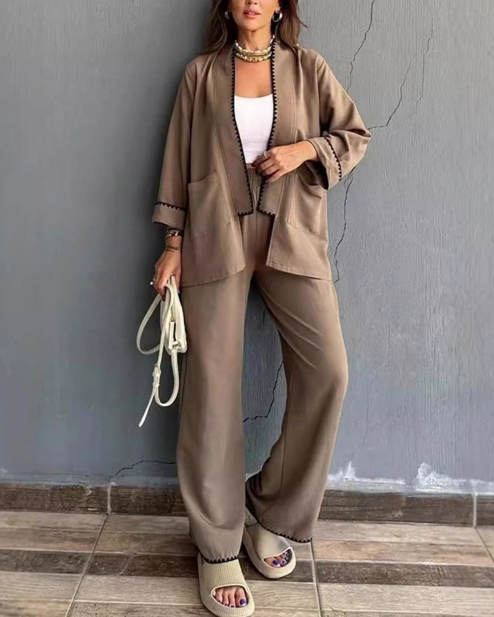 Contrast Trim Open Cardigan And Pants Set - Khaki - 1