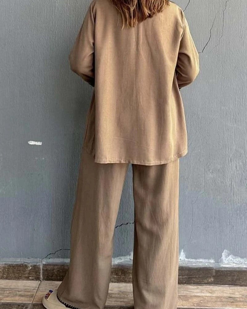 Contrast Trim Open Cardigan And Pants Set - Khaki - 2