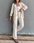 Contrast Trim Open Cardigan And Pants Set - White
