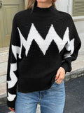Zigzag Colorblock Mock Neck Knit Sweater - Black