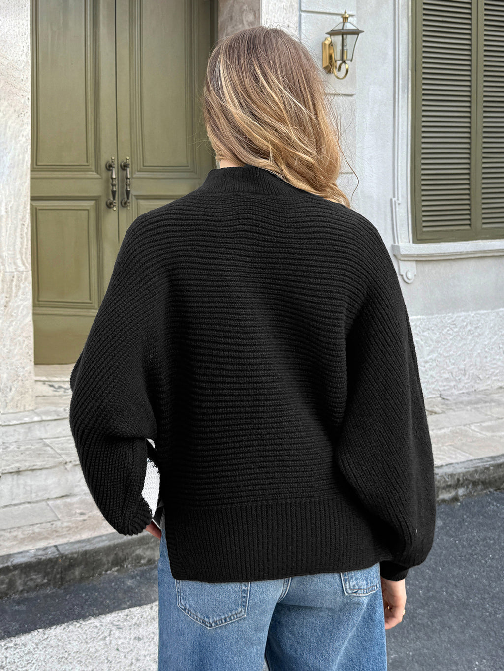 Zigzag Colorblock Mock Neck Knit Sweater - Black - 3