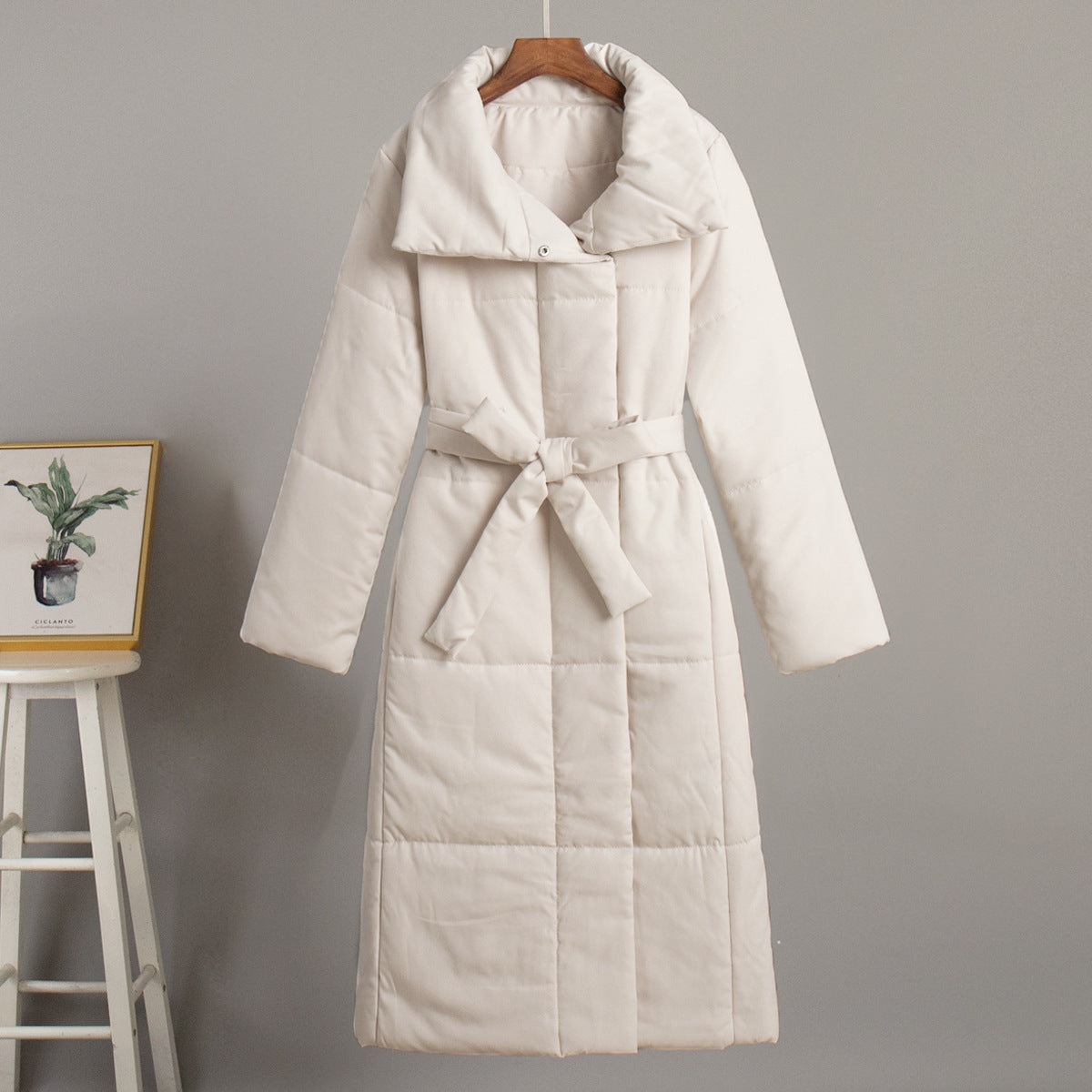 Belted Quilted Longline Wrap Coat - Beige