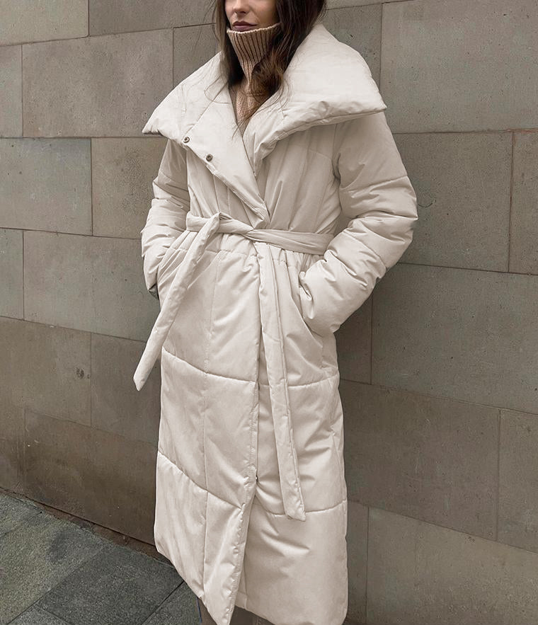 Belted Quilted Longline Wrap Coat - Beige - 1