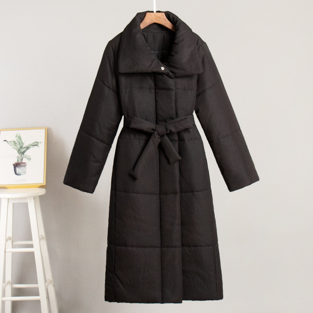 Belted Quilted Longline Wrap Coat - Black