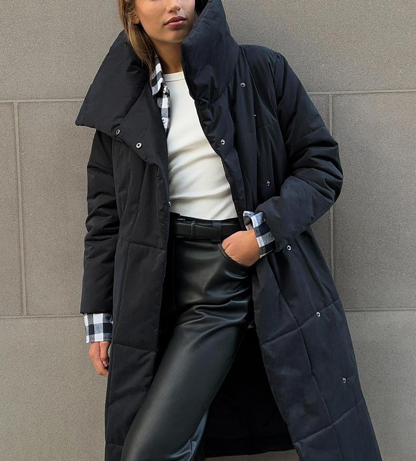 Belted Quilted Longline Wrap Coat - Black - 1