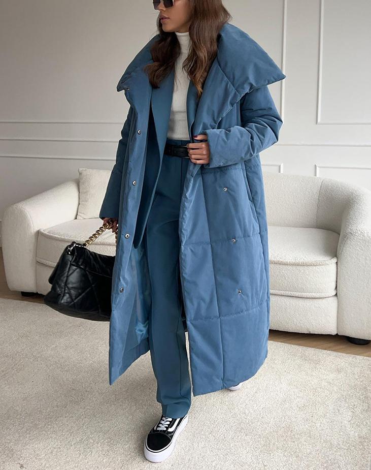 Belted Quilted Longline Wrap Coat - Blue - 1