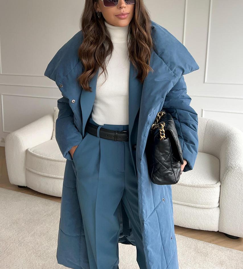 Belted Quilted Longline Wrap Coat - Blue - 2
