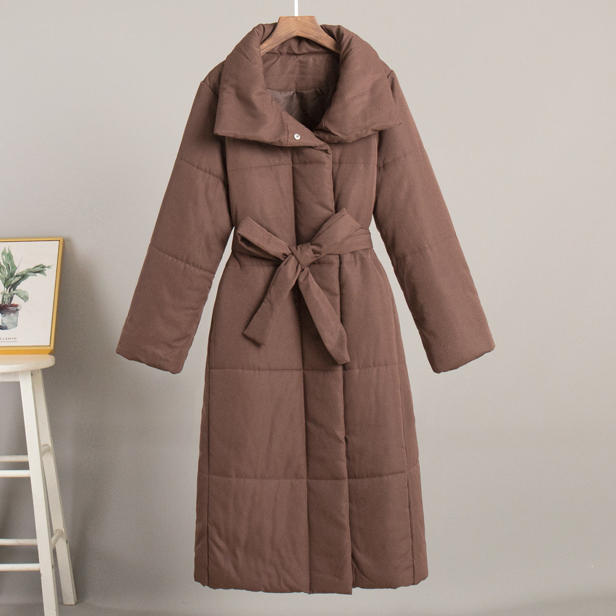Belted Quilted Longline Wrap Coat - Coffee