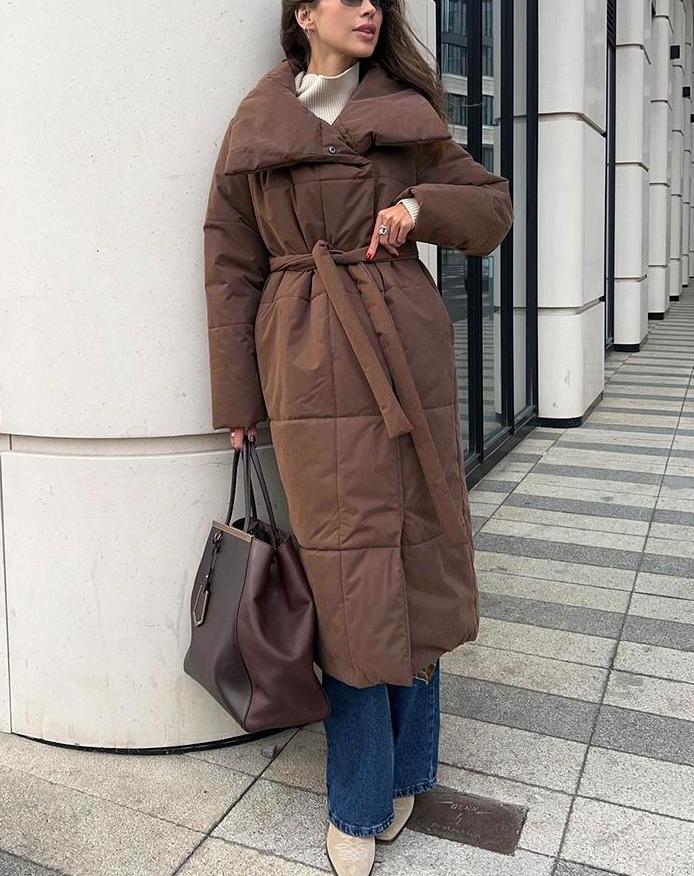 Belted Quilted Longline Wrap Coat - Coffee - 1