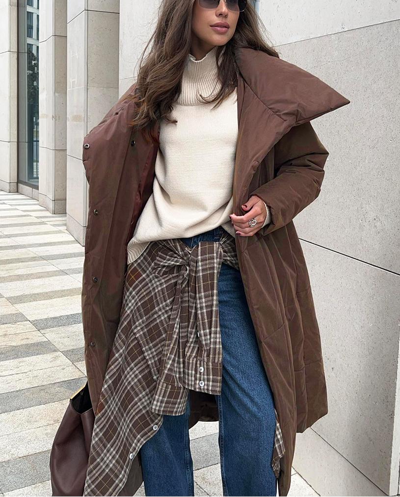 Belted Quilted Longline Wrap Coat - Coffee - 2