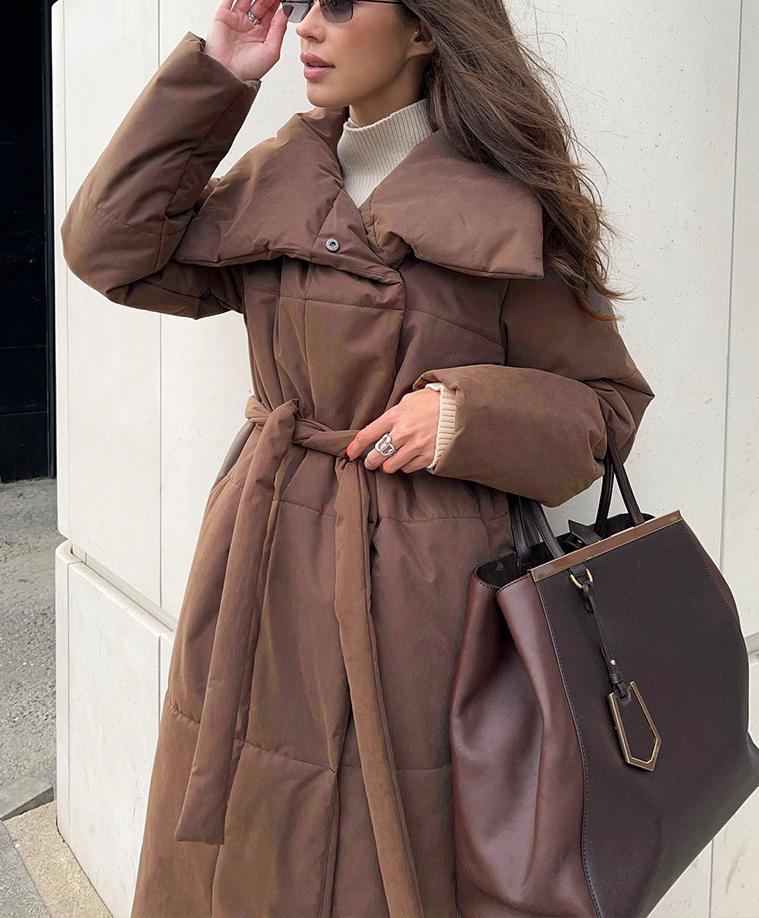 Belted Quilted Longline Wrap Coat - Coffee - 3