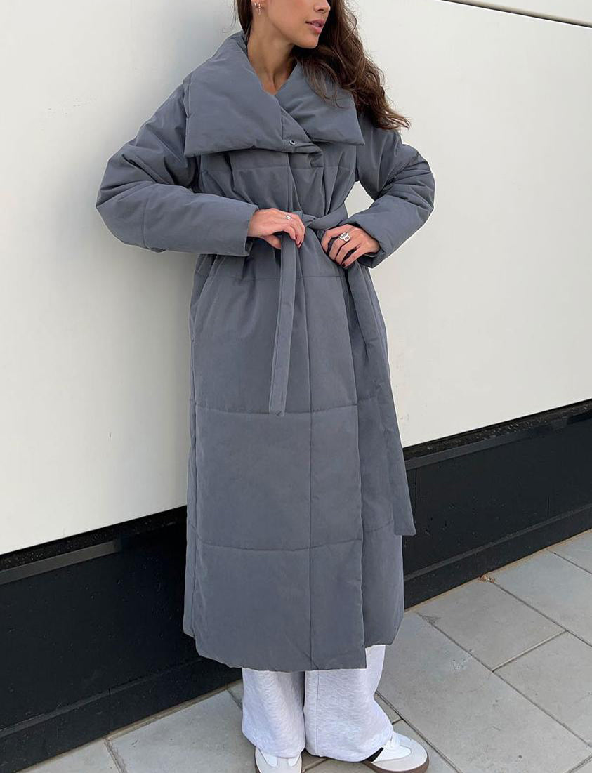 Belted Quilted Longline Wrap Coat - Darkgray