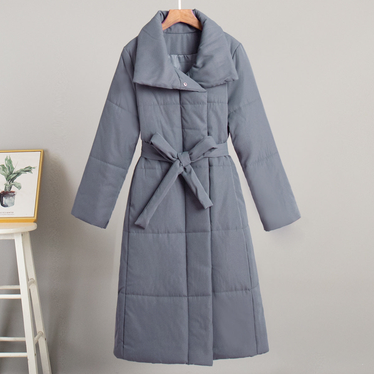 Belted Quilted Longline Wrap Coat - Darkgray - 1