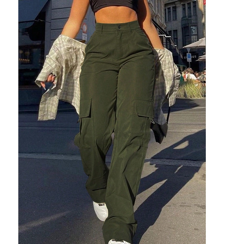 High Waist Straight Leg D-Ring Cargo Pants - Army Green