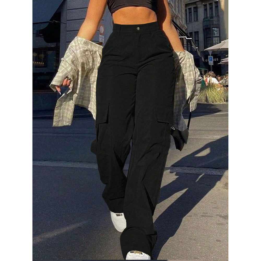 High Waist Straight Leg D-Ring Cargo Pants - Black