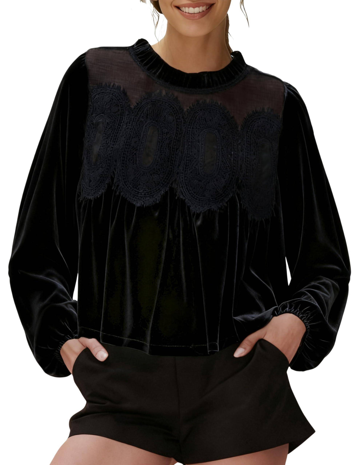 Lace Trim Velvet Balloon Sleeve Blouse - Black