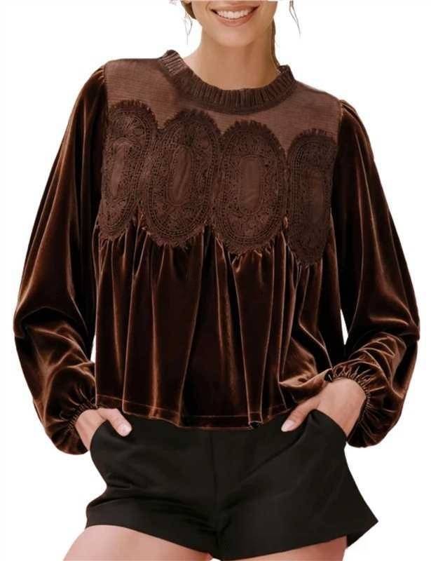 Lace Trim Velvet Balloon Sleeve Blouse - Brown