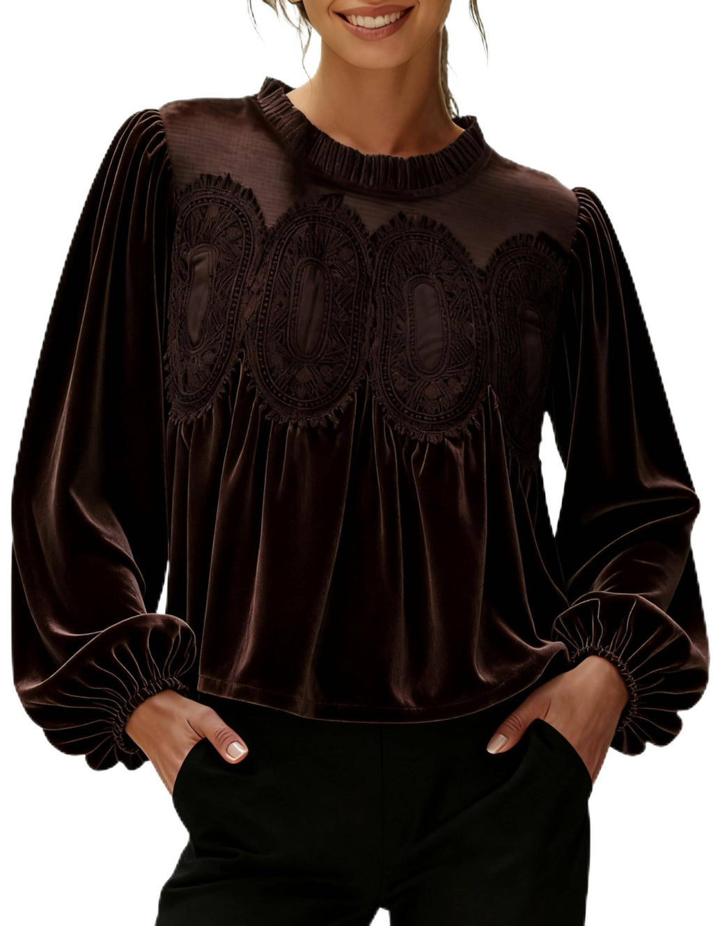 Lace Trim Velvet Balloon Sleeve Blouse - Coffee