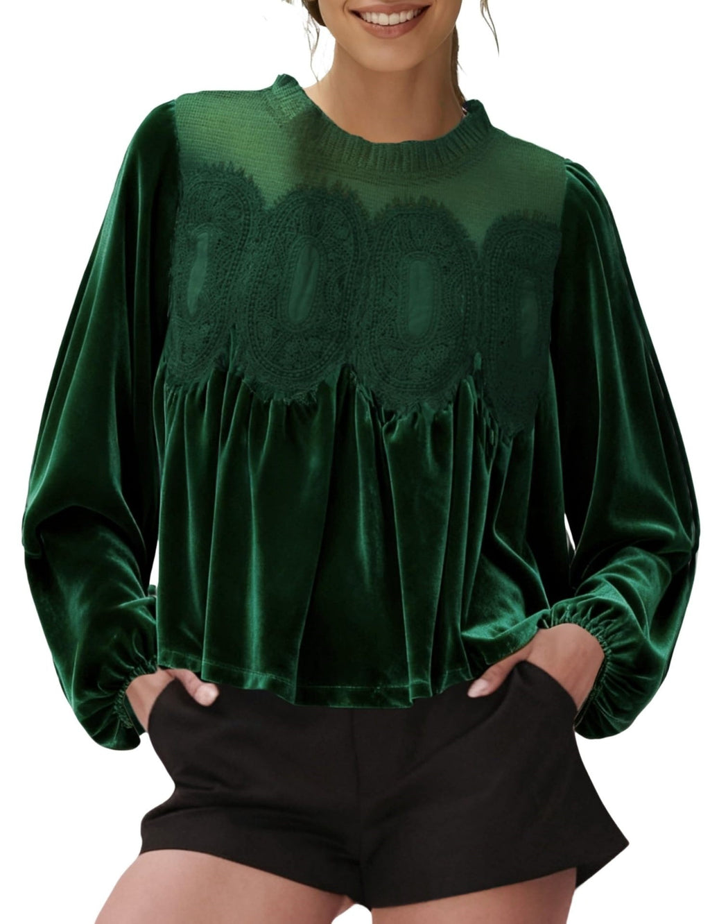 Lace Trim Velvet Balloon Sleeve Blouse - Green