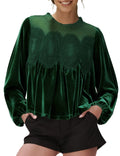 Lace Trim Velvet Balloon Sleeve Blouse - Green