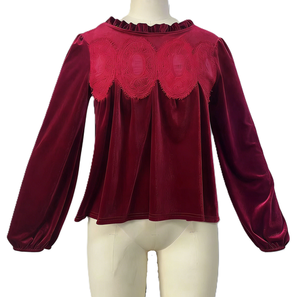 Lace Trim Velvet Balloon Sleeve Blouse - WineRed