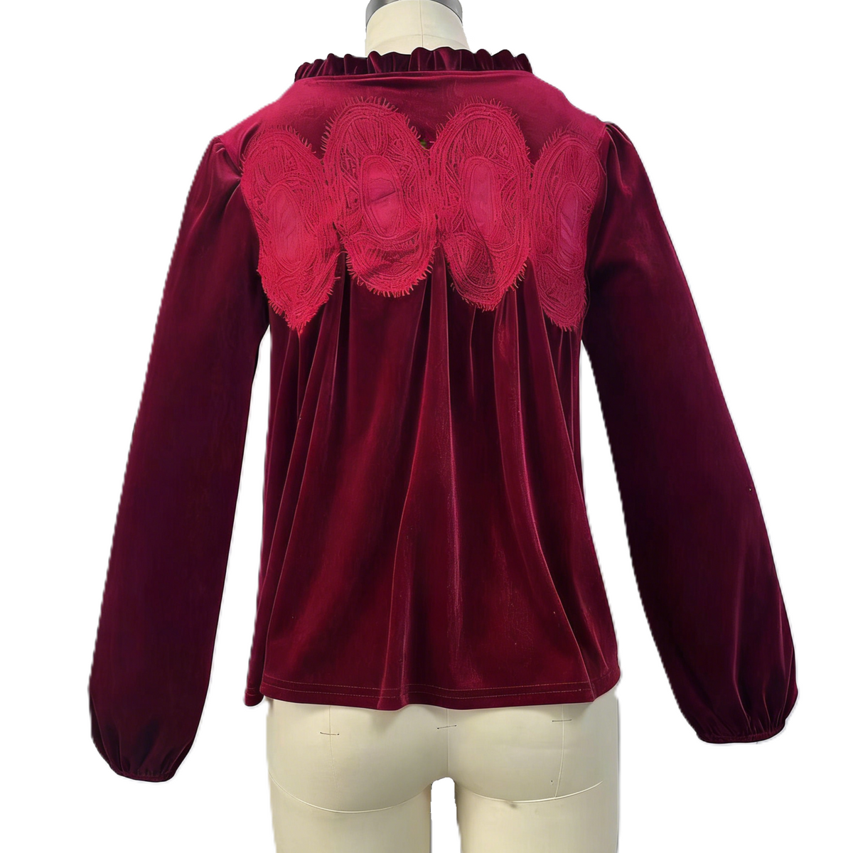 Lace Trim Velvet Balloon Sleeve Blouse - WineRed - 1