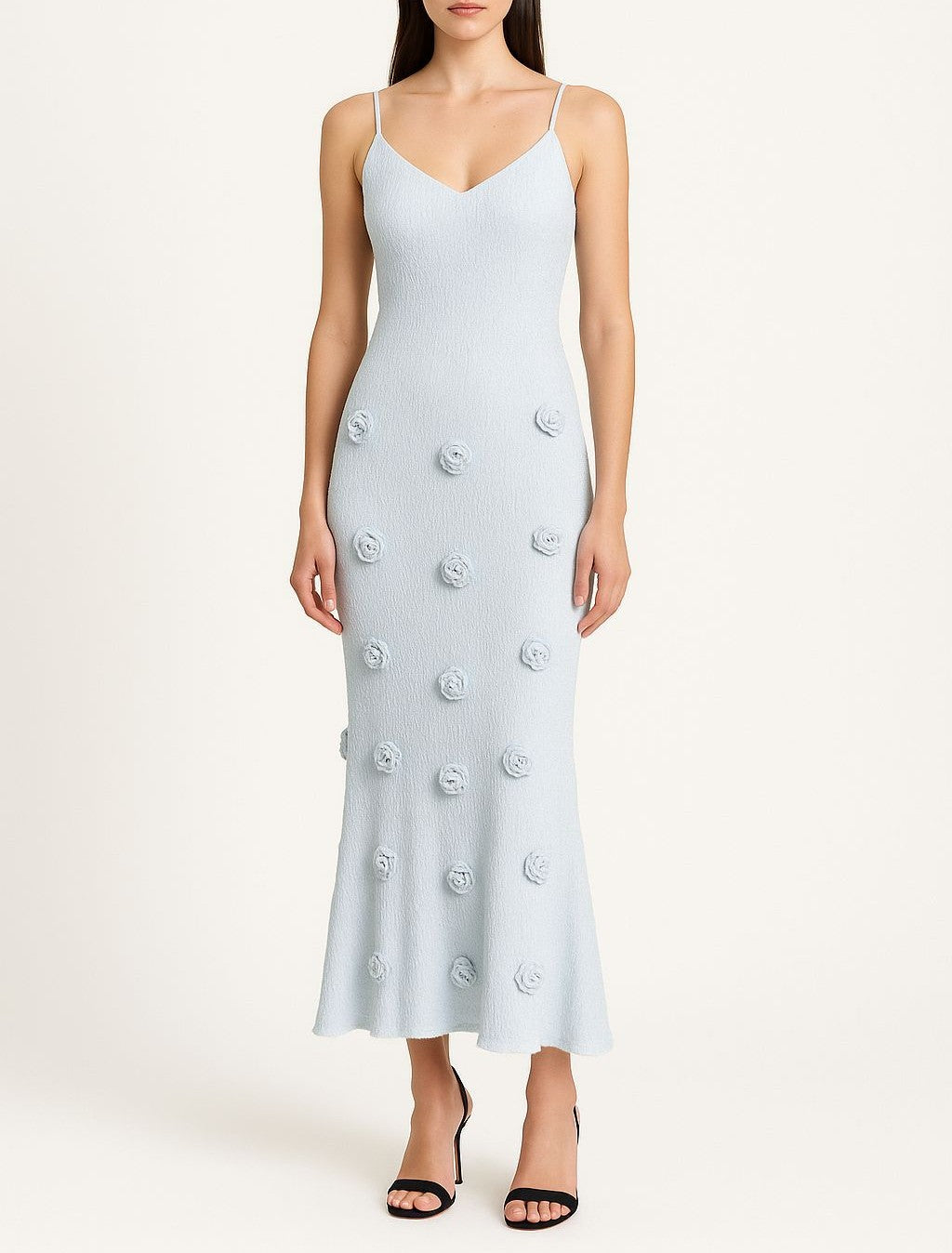 Rosette Applique Knit Slip Maxi Dress - Blue