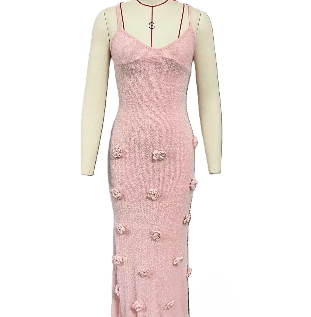 Rosette Applique Knit Slip Maxi Dress - Pink