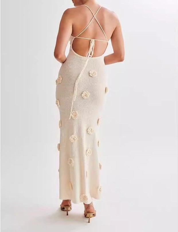 Rosette Applique Knit Slip Maxi Dress