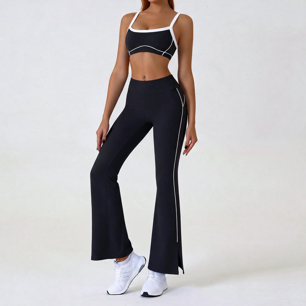 Contrast Piping Yoga Set With Flare Pants or Shorts - Black Flare