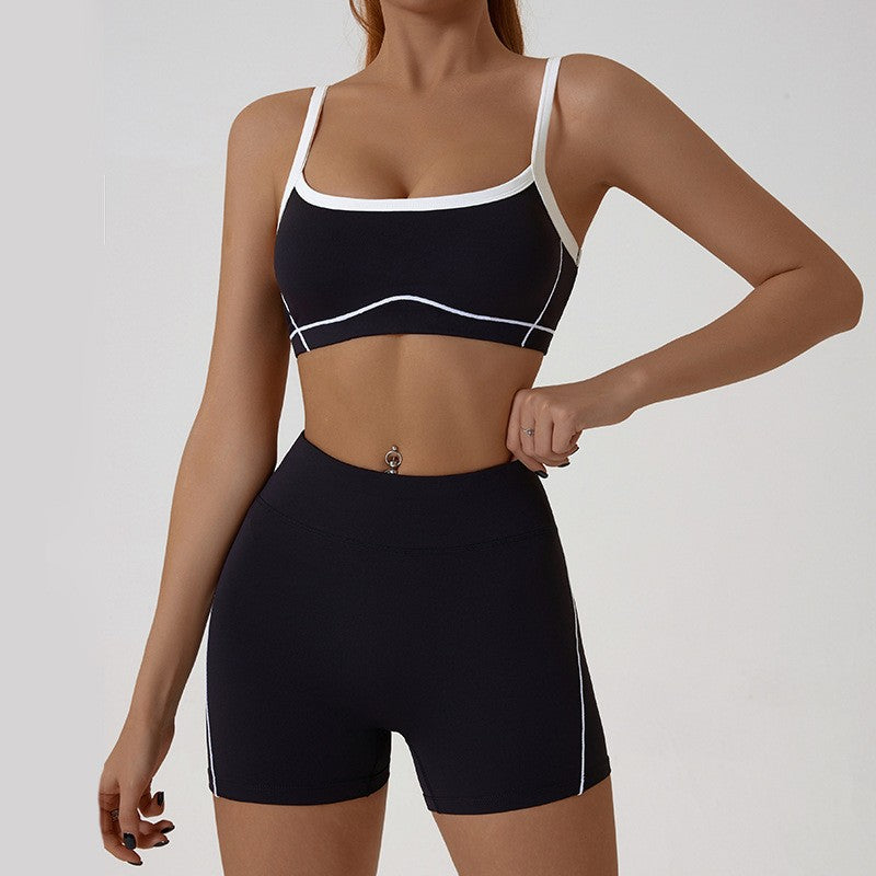 Contrast Piping Yoga Set With Flare Pants or Shorts - Black Shorts
