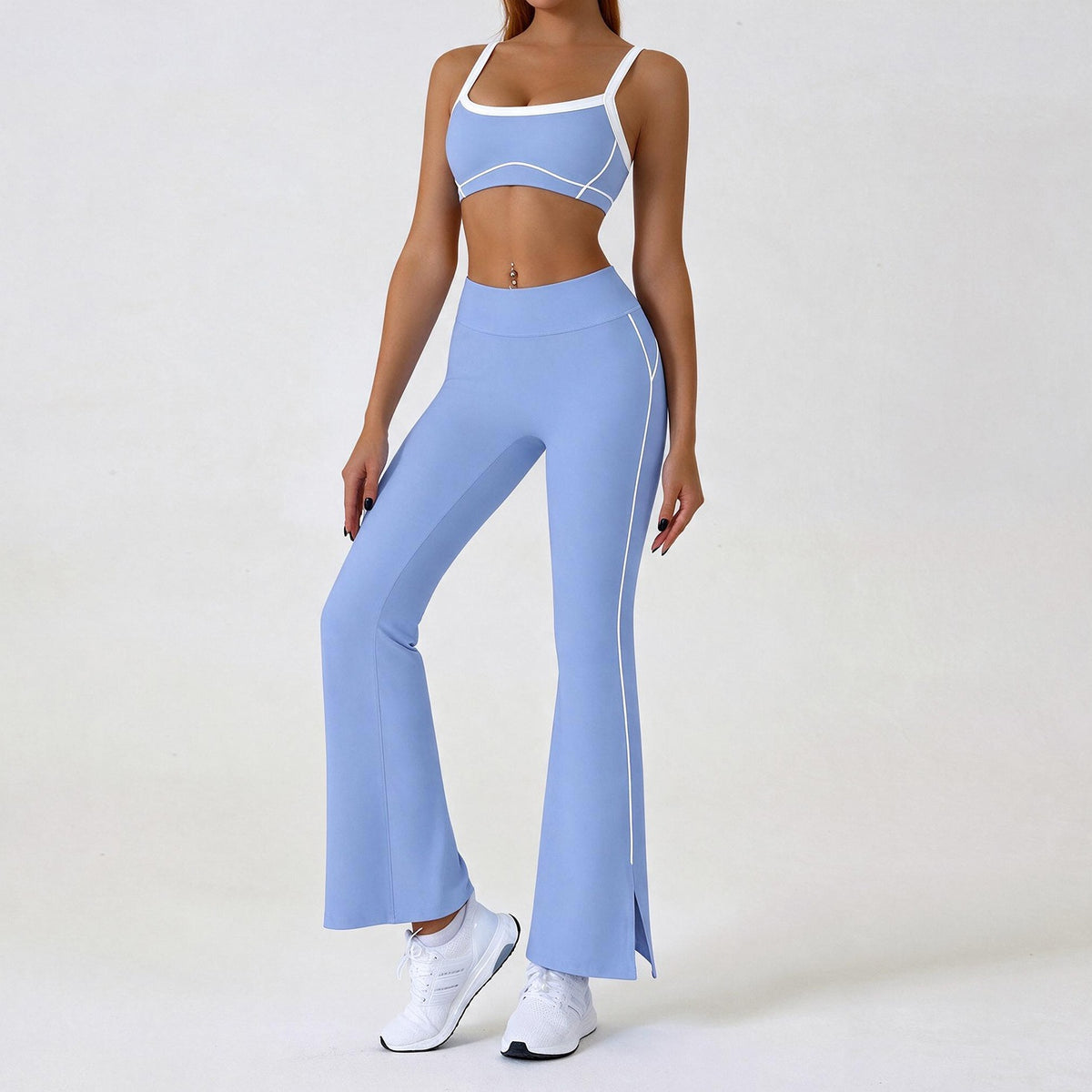 Contrast Piping Yoga Set With Flare Pants or Shorts - Blue Flare