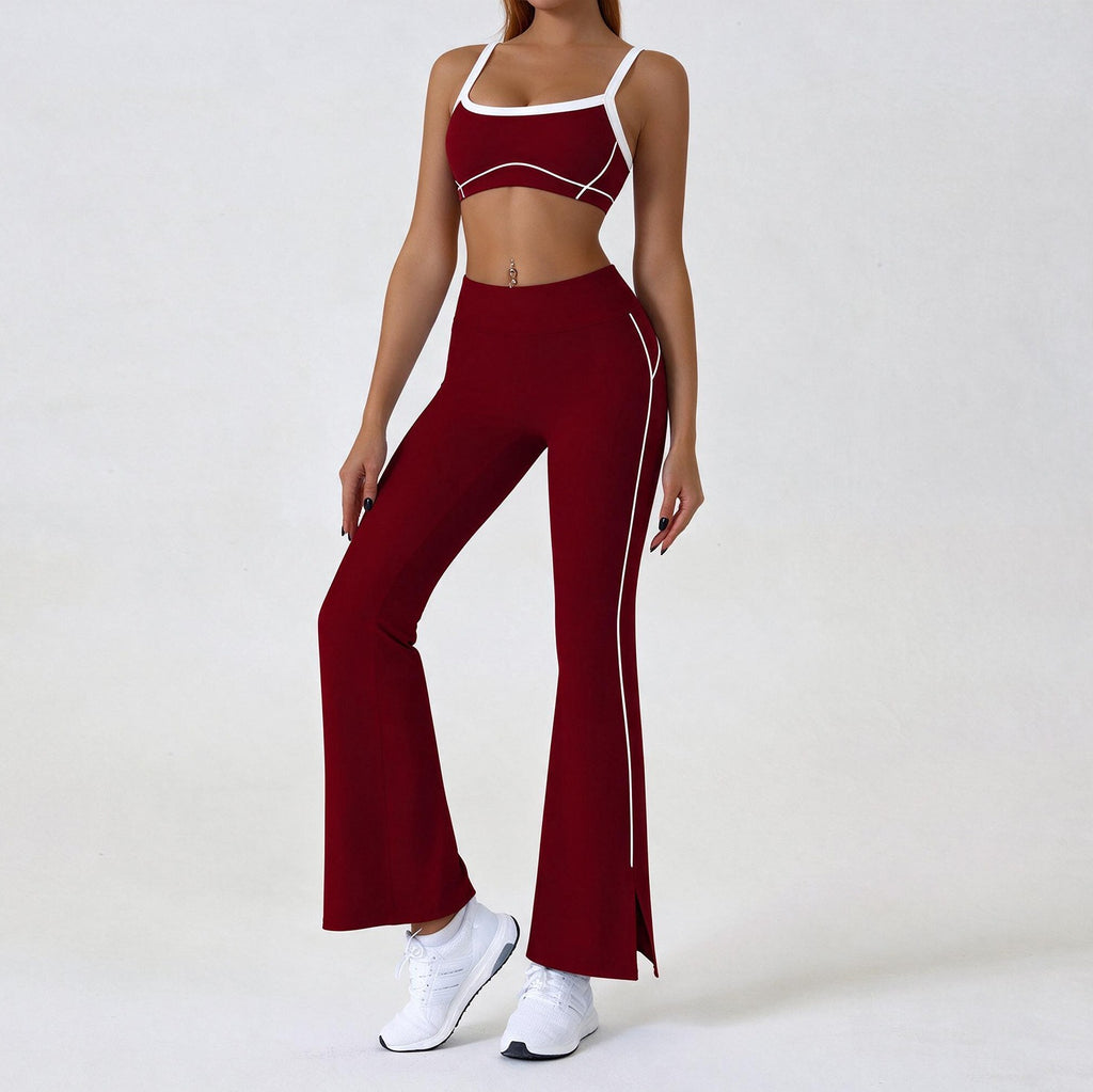 Contrast Piping Yoga Set With Flare Pants or Shorts - Burgundy Flare